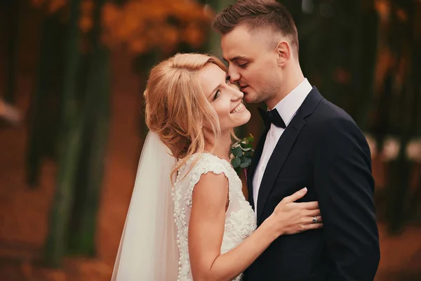 Sposo Bacia Sposa Parco Autunno Bella Donna Con Mazzo Fiori — Foto Stock