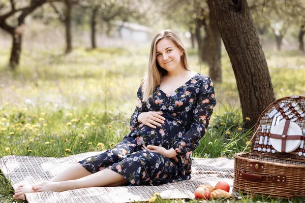 Femeie Gravidă Frumoasă Picnic Într Grădină Primăvară Înfloritoare Maternitate Familie — Fotografie, imagine de stoc