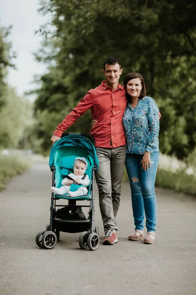 Happy Family Child Stroller Walking City Park — Stock Photo, Image