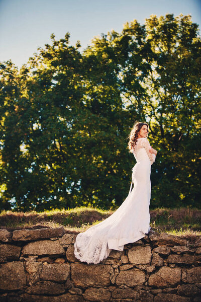 Beautiful bride posing near the rocks on a background of nature.