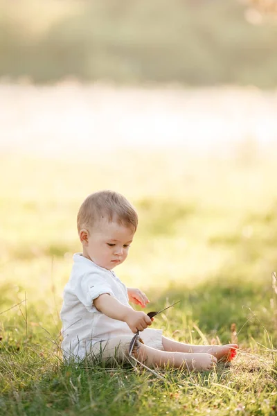 Happy Adorable Baby Boy Sitting Grass Park Summer Day Child — Stock Photo, Image