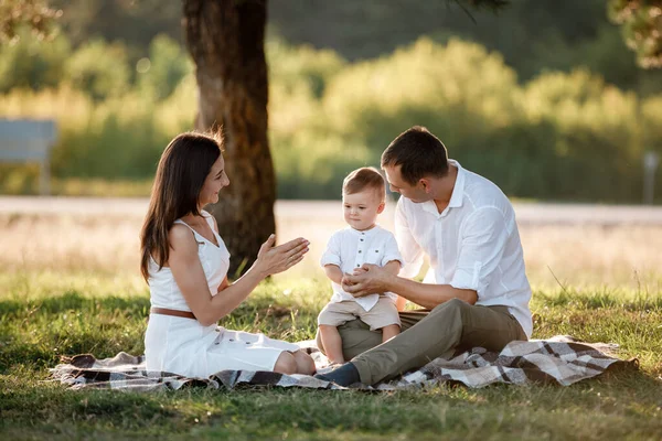 Mutlu bir aile babası ve oğlu yazın güneşli bir günde doğada birlikte vakit geçirdikleri için mutlu. Dışarıda eğlenceli bir tatil konsepti. Mutlu çocukluk