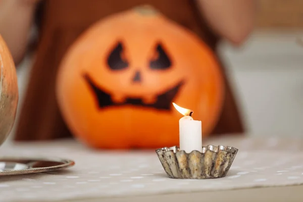 Burning Candles Close Background Pumpkins Halloween Pumpkin Head Jack Lantern — Stock Photo, Image