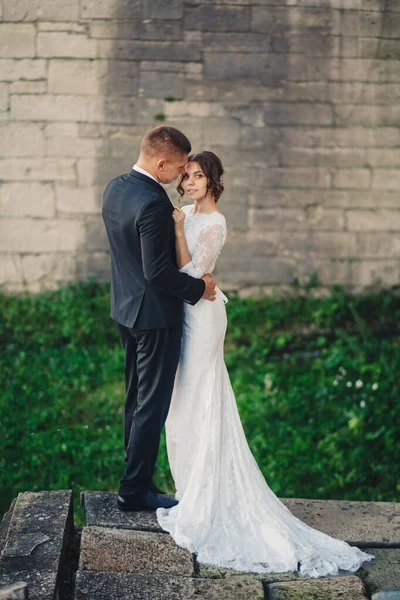 Coppia Romantica Sposi Abbracci Sensuali Sullo Sfondo Del Muro — Foto Stock