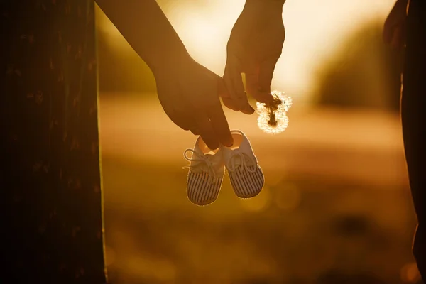 Tiens Toi La Main Future Famille Une Jeune Famille Attend D Etre Reconstituee Maman Tient Des Bottes De Bebe Papa Tient Le Pissenlit Pollen Mauvaise Herbe Stock Photo