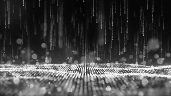 arka plan 3D render. Alan derinliği ile dalgalı ve parlak nokta parçacıklar. Zemin bokeh.