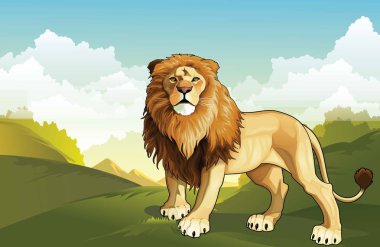 Vahşi aslan içinde orman hisse senedi vektör sanat ve güzel gökyüzü