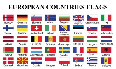 Avrupa ülke bayrakları ülke adları ile. Kırk Avrupa ülkelerinin bayrakları ile resimde tarafından çizim adları