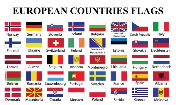 国の名前とヨーロッパの国旗 イラスト図面の名前と Fourty 欧州フラグ — ストックベクタ