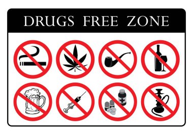 Drugs Free  Zone Board.No Drugs Prohibition Sign collection.No Smoking,No Marijuana,No tobacco pipe,No alcohol,No Beer,No pills sign,No Hookah icons collection drawing by illustration clipart