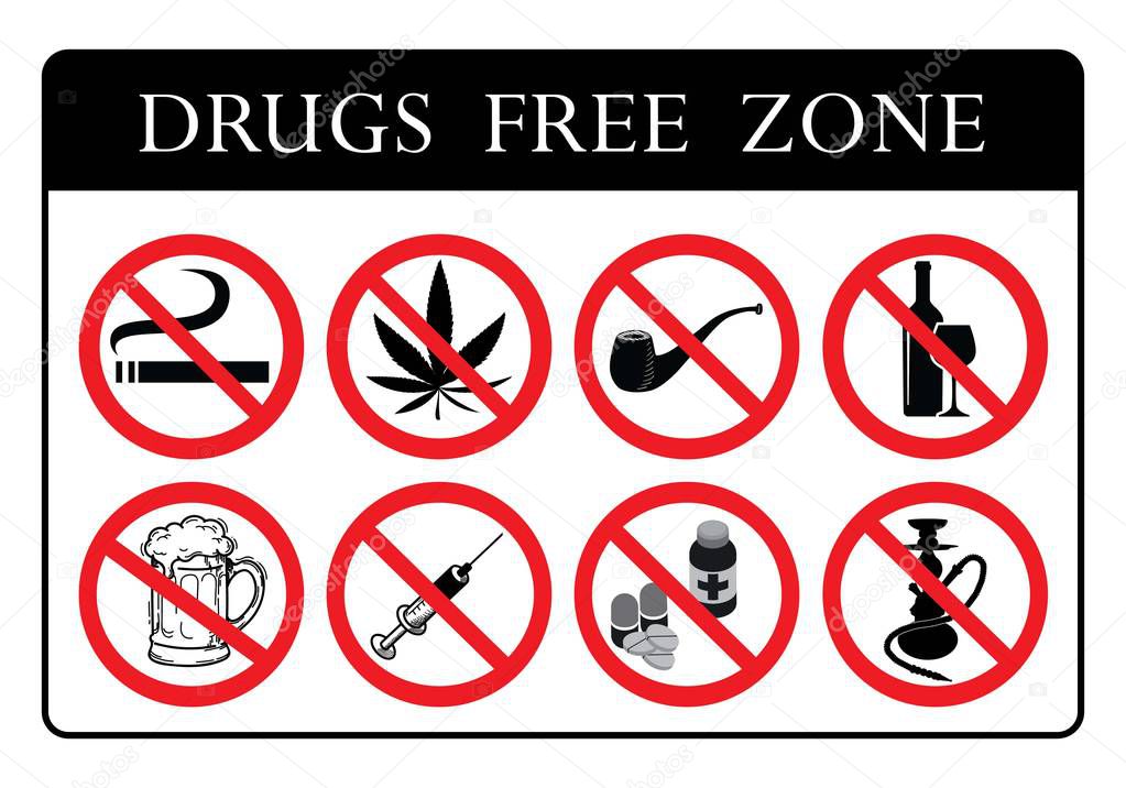 Drugs Free  Zone Board.No Drugs Prohibition Sign collection.No Smoking,No Marijuana,No tobacco pipe,No alcohol,No Beer,No pills sign,No Hookah icons collection drawing by illustration