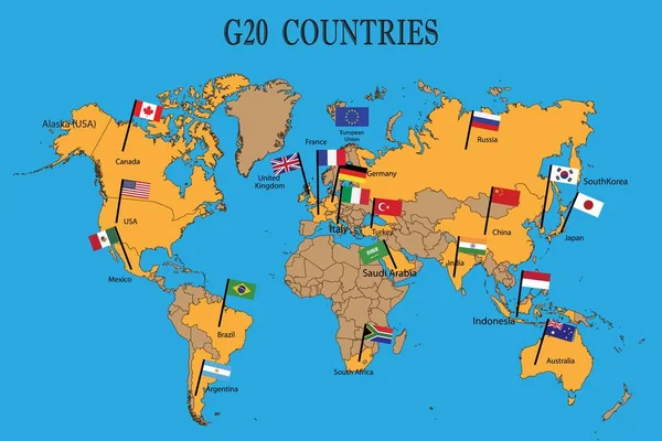 Weltkarte Der G20 Länder Mit Flaggen Mitglied Der G20 Gruppe — Stockvektor