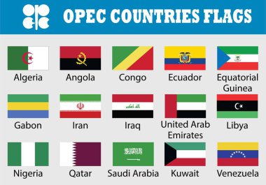 Opec Countries.Member Opec.Opec Vilayetler bayrakları ülke adları ile bayrak kümesi.