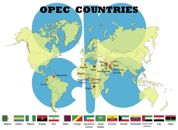 Opec Tagországok Zászlói Opec Tagországai Térképe Opec Tagországai Illusztráció Alapján — Stock Vector