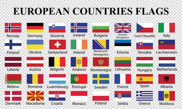 Europa Países Bandeira Coleção Quarenta Países Europeus Bandeiras Fundo Transparente — Vetor de Stock