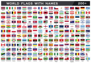 Dünya Bayrak Koleksiyonu. İlçe isimleriyle Dünya Bayrağı. Resim yoluyla beyaz arkaplan çiziminde Dünya Bayrağı Koleksiyonu