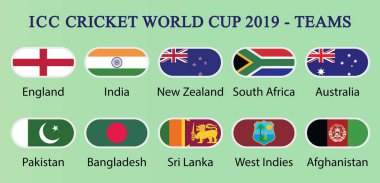 Icc Kriket Dünya Kupası 2019-Takımlar. İllüstrasyona göre çizilen on ülke bayrakları