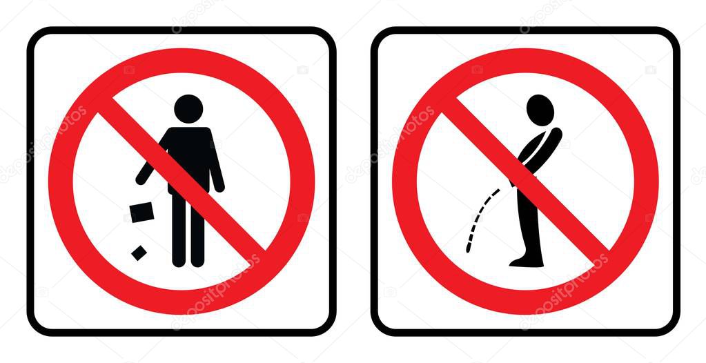 Don't throw garbage icon and No pee outside Icon. No garbage sign and No pee outside Icon drawing by illustration