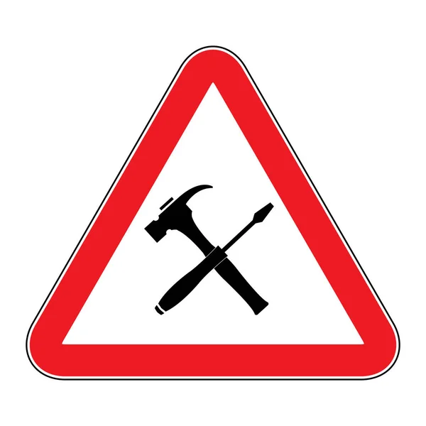 建設道路標識 仕事ヨーロッパの看板で男性 赤い境界線を持つ三角形の形状として建設中の標識 — ストックベクタ