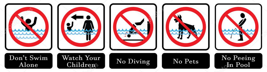 Swimming pool rules. Set of icons and symbol for pool. No Diving sign,No pets sign,No peeing in pool  icon,Don`t swim alone icon.