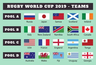 Rugby Dünya Kupası 2019-Takımlar. Rugby takımları Bayraklar illüstrasyon tarafından çizim