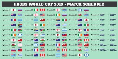 Rugby dünya kupası 2019.Maç programı. Japonya'da Rugby dünya kupası 2019.Takım bayrakları ile maç programı