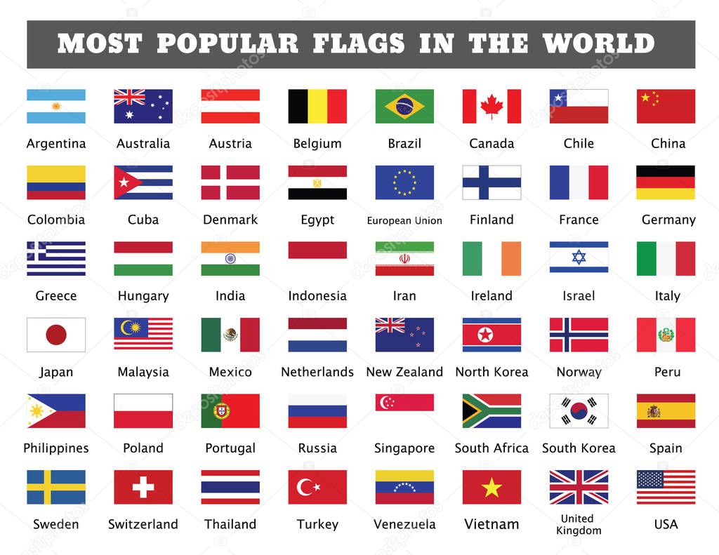 Most popular flags in the world. Forty eight popular countries flags drawing by illustration