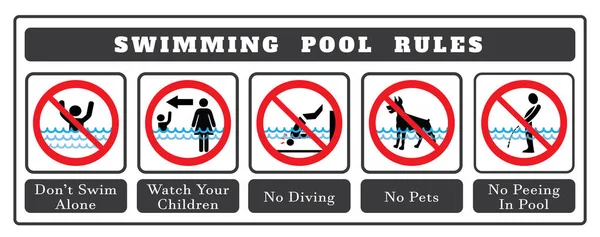 スイミングプールのルール プールのアイコンとシンボルのセット いいえダイビングサインなしペットのサインなしプールアイコンのない目と一人で泳ぐことはありません — ストックベクタ