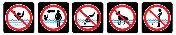 游泳池的规则是黑色背景 一组用于池的图标和符号 没有潜水标志 没有宠物标志 没有尿在游泳池图标 不要独自游泳图标 — 图库矢量图片