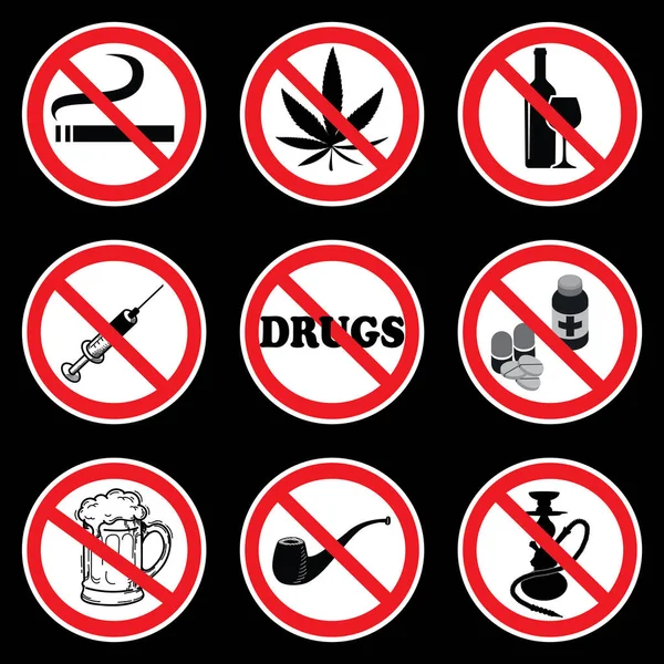Drugs Símbolos Dibujo Fondo Negro Por Ilustración Nueve Signos Prohibición — Vector de stock