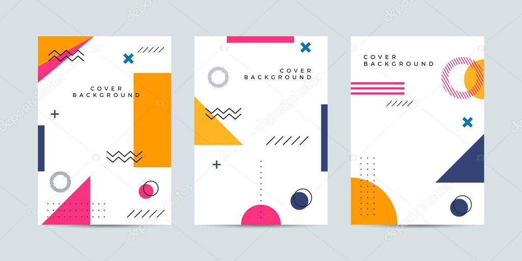 Placard templates set with abstract shapes, 80s Memphis geometric style flat and line design elements. Retro art for covers, banners, flyers, and posters. Eps10 vector illustrations.