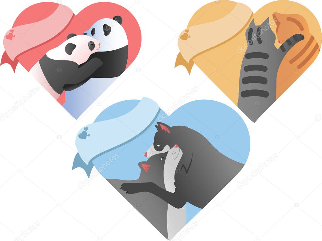 3 cute hearts for Valentine's Day, pink valentine with pandas, blue valentine with wolves and yellow valentines with cats