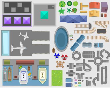 Peyzaj öğeleri kümesi. Ağaçlar, evler, bitkiler, Masa, sandalye, banklar, şezlong, şemsiye, yolları.