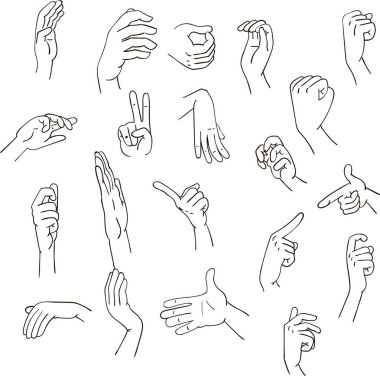 Gerçekçi jestlerin el şekli. Siyah ley stroke logosu grafik tasarımı beyaza izole edilmiş. Dur, yardım, kaya, sembol v, sağ sol, animasyon bir, iki, üç, dört, beş, sıfır