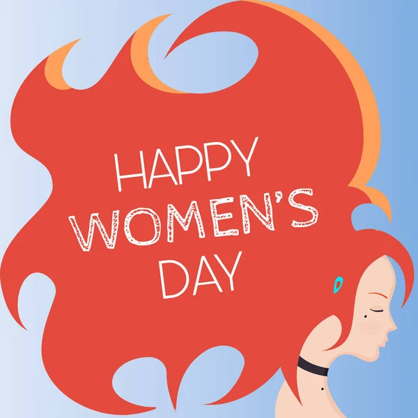 Día internacional de la mujer con la señora y el pelo rojo largo y la mujer signo banner vector de diseño — Archivo Imágenes Vectoriales