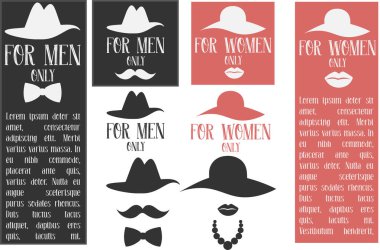 Tek Erkekler ve kadınlar için yazıtlar kümesi yalnızca vektör kümesi. Bıyık, şapka, dudaklar, boncuk. Beyaz arka plan üzerinde afiş. EPS 10