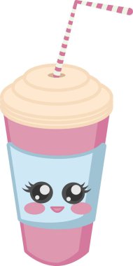 Kawaii kahve kağıt bardak. Kahve. Şirin kafe içecekler. Kahve bardakları mutlu yüz ile vektör.