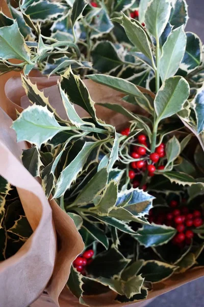 Noel tatil kutlaması için kırmızı meyveler ile birlikte yeşil ve beyaz alacalı holly buket bırakır