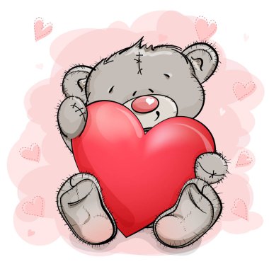 Sevimli bir oyuncak ayı oturuyor ve büyük bir kırmızı kalp sarılma. Pembe bir arka plan.