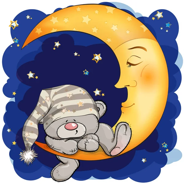 Teddy Bear Went Sleep Moon Background Starry Night Sky — Stock Vector