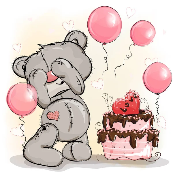 Αρκουδάκι Γενέθλια Αγόρι Παίρνει Ένα Κέικ Δώρο Φόντο Μπαλόνια — Διανυσματικό Αρχείο