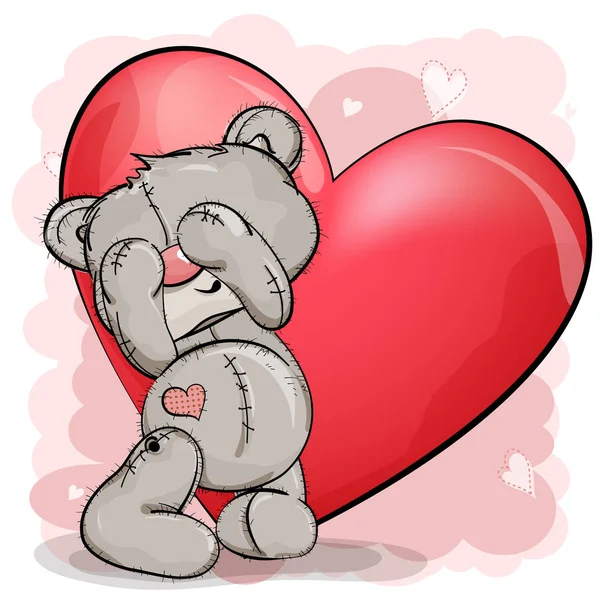Teddy Bear Stojí Zavřenýma Očima Ním Velké Červené Srdce Růžový — Stockový vektor