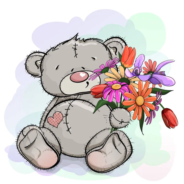 Teddy Bear Sitting Beautiful Bouquet Flowers — Stock Vector