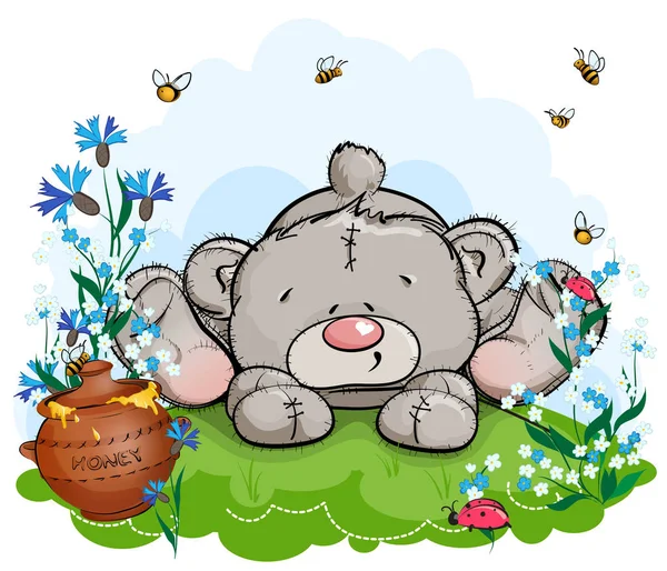 Teddy Bear Lies Clearing Pot Honey Background Nature — Stock Vector