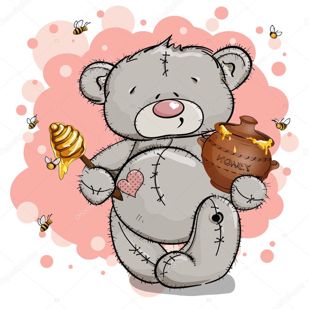  Happy bear holding a pot of honey. Pink background.
