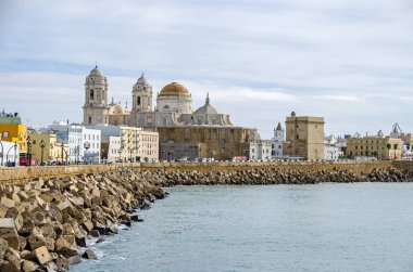 Sahil mesire Avenida Campo del Sur ve Cadiz Katedrali, onun karışımı mimari stilleri - Barok, Rokoko ve neoklasik tarzı - şehir Cadiz, İspanya