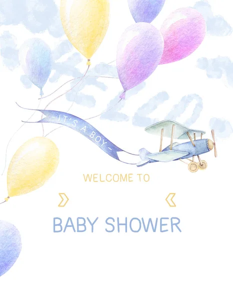 Niedliches Aquarell für Kinder. Babydusche für Junge. Willkommensschild. Aquarell bunte Luftballons, hellblaue Wolken. Flugzeuge fliegen mit Schleife. Handschrift. Hallo. weißer Hintergrund. Illustration für Kinder. Handzeichnung. Druckqualität. — Stockfoto