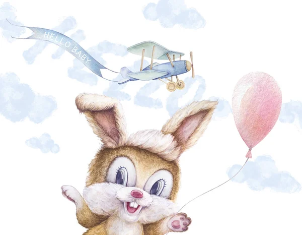 Милый акварель для детей. Настенный рисунок детского сада. Акварельный кролик, разноцветные воздушные шары, облака. Аэроплан летит с лентой. Ручная надпись. Алло. Белый фон. Иллюстрация для детей. Новорожденный подарок — стоковое фото