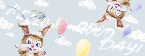 Linda acuarela para niños. Arte de la pared del vivero. Conejo acuarela, globos de aire de colores, nubes. El avión vuela con cinta. Letras de mano. Ilustración para niños. Regalo de ducha de bebé. Conejitos animales . —  Fotos de Stock
