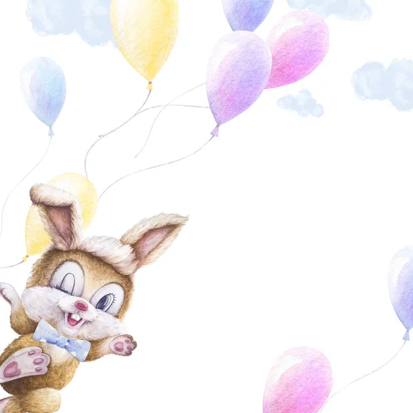 Çocuklar için şirin suluboya. Suluboya tavşan, renkli balonlar, gökyüzü bulutları. Uçak kurdeleyle uçar. El yazısı. Merhaba. Beyaz arka plan. — Stok fotoğraf